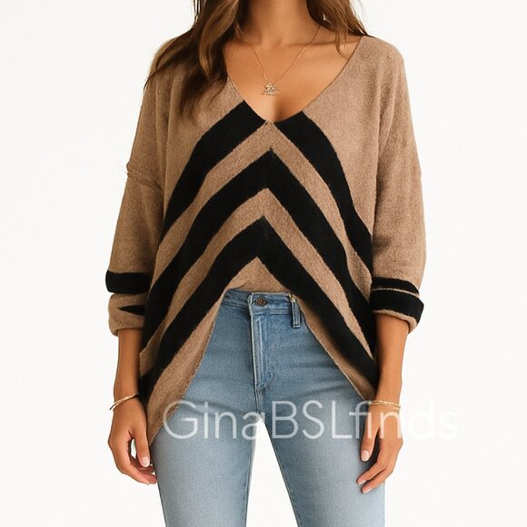 Free People Womens Brown Black Long Sleeve V-Neck Pullover Sweater Size Large - Picture 1 of 11